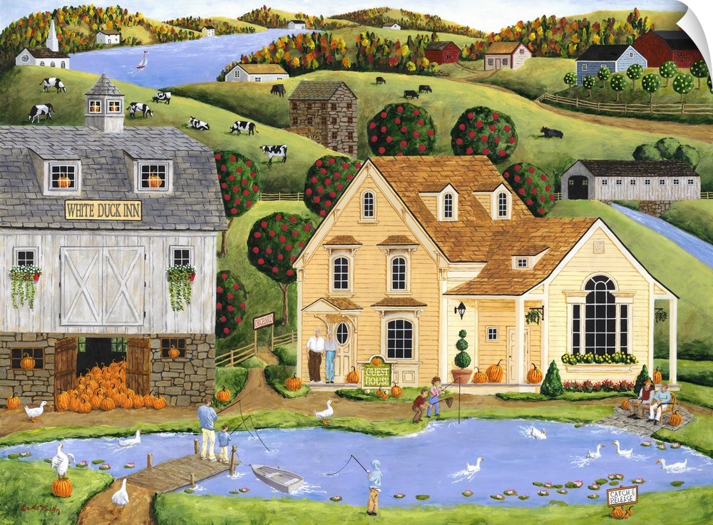 Americana scene of people fishing in a small pond in a village.