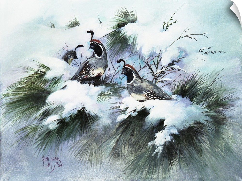 Contemporary painting of quails resting in a snowy patch of grass in winter.