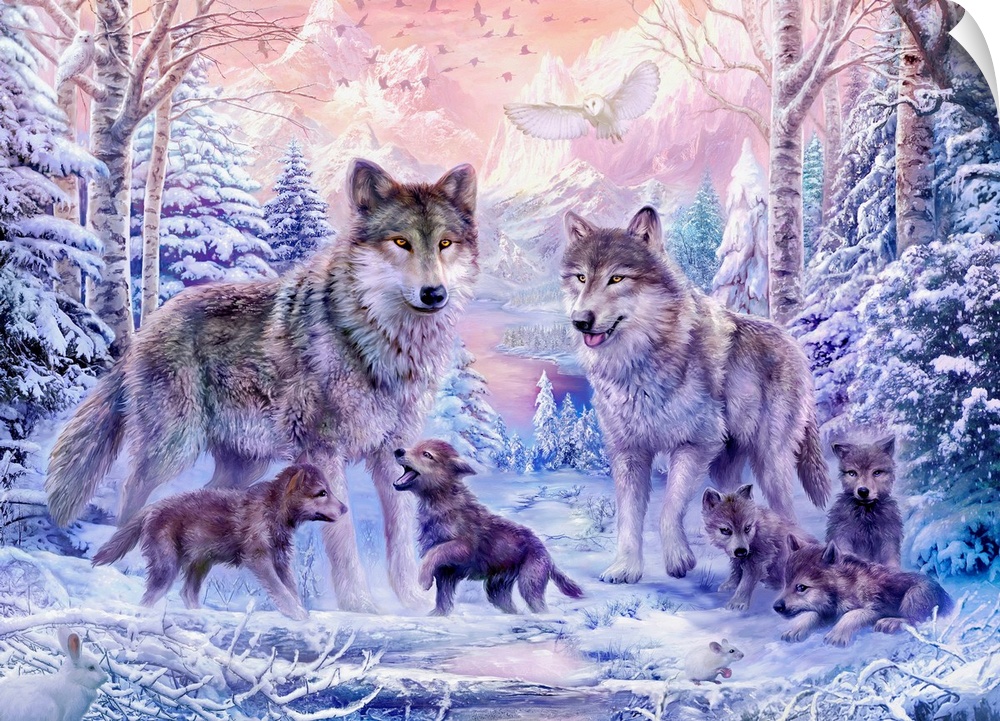 Fantasy painting of two adult wolves with their pups in a snowy landscape with rugged bright mountains in the background.