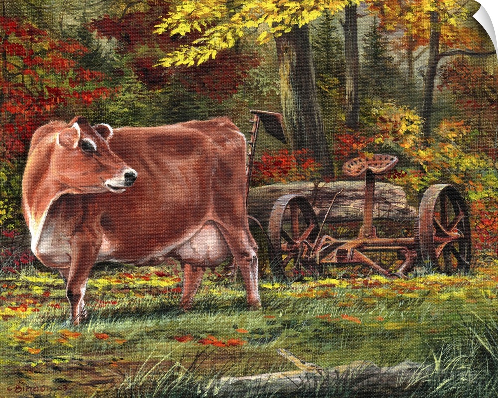 Contemporary painting of a cow in a forest clearing next to an old piece of farm equipment.