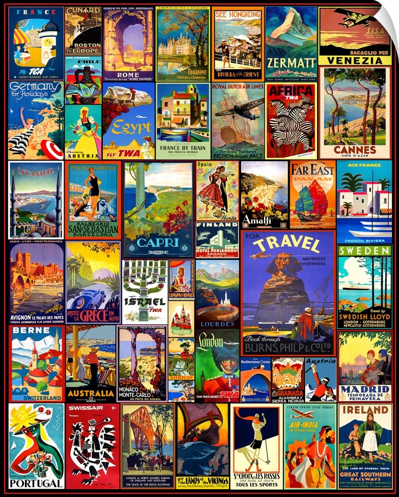 A mosaic collage of vintage world travel posters.