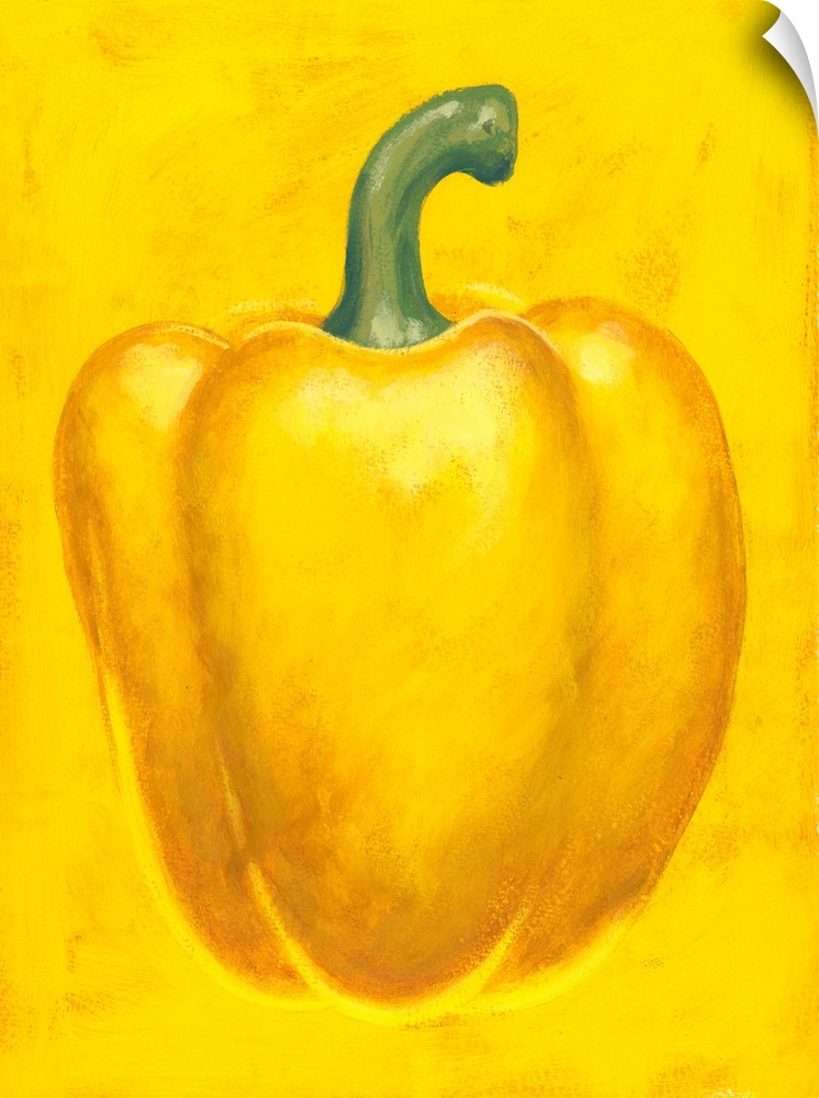 Contemporary painting of a yellow bell pepper against a yellow background.