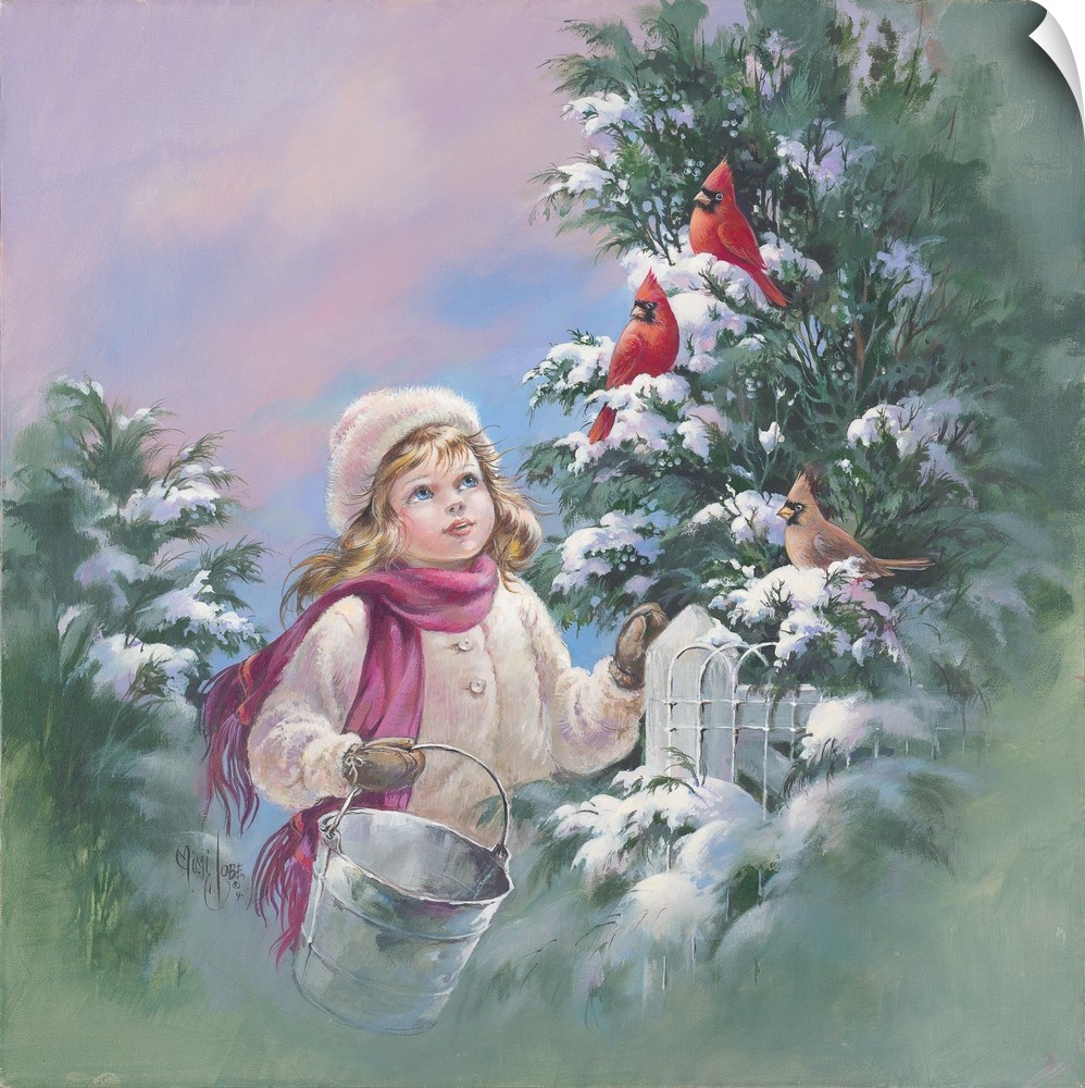 Whimsical painting of a little girl gazing a cardinals in a tree in winter.