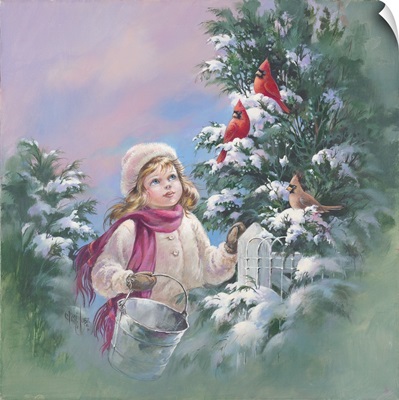 Young Girl And Winter Birds