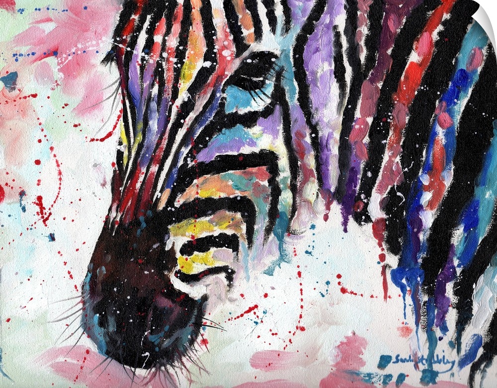 Zebra oil on canvas in rainbow colors.