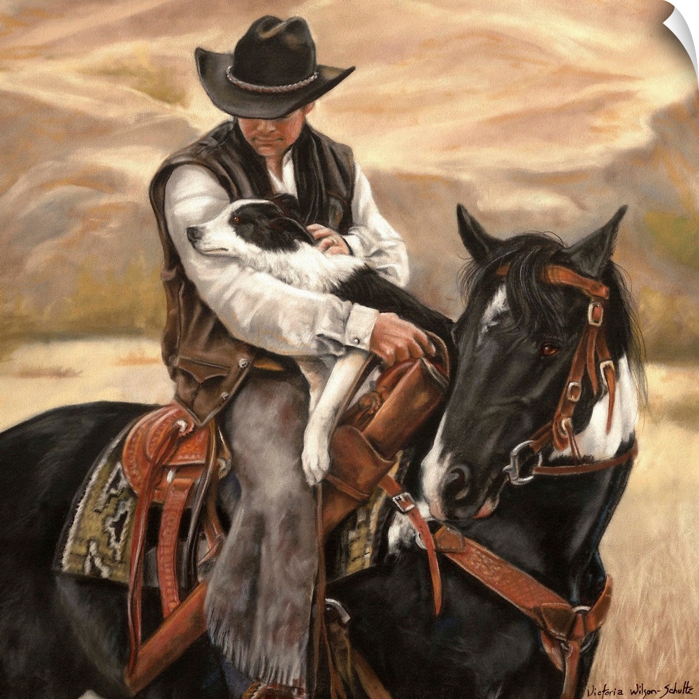 Contemporary artwork of a cowboy on horseback holding a border collie dog in his arms.