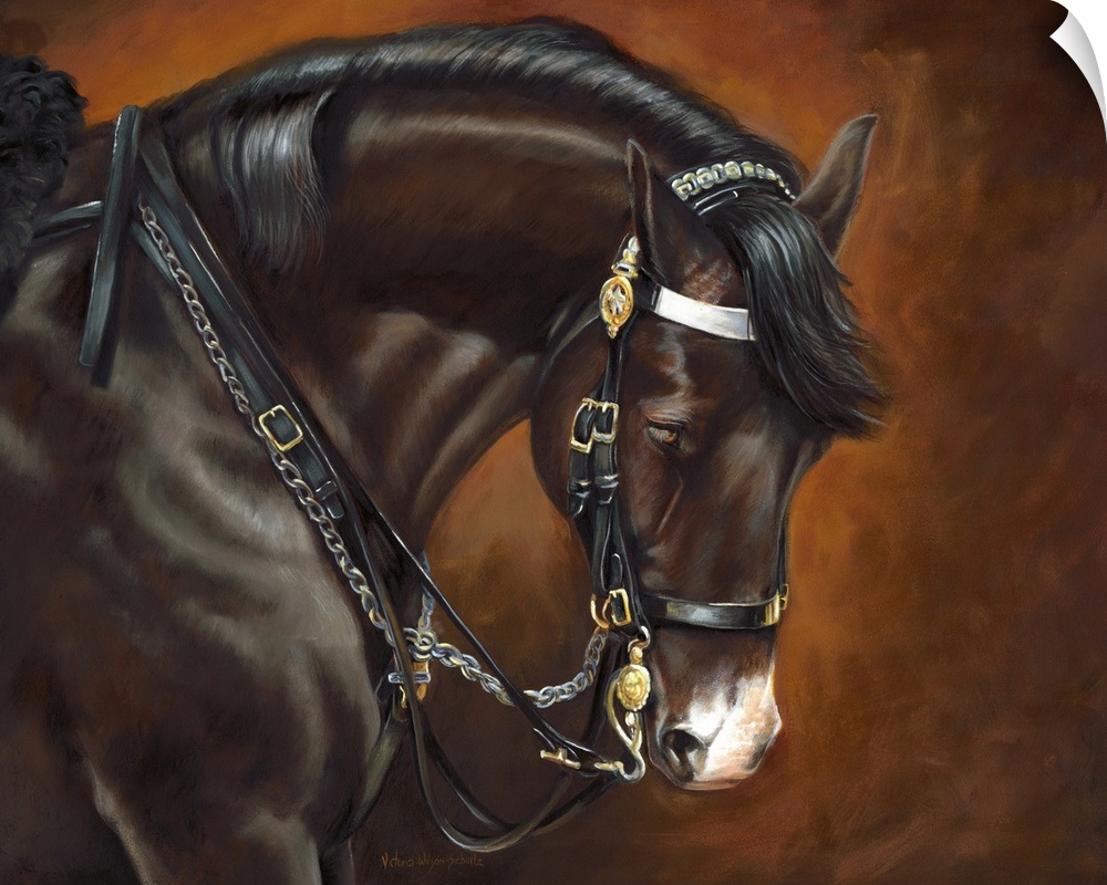 Contemporary artwork of a horse saddled up and his head dropped down.