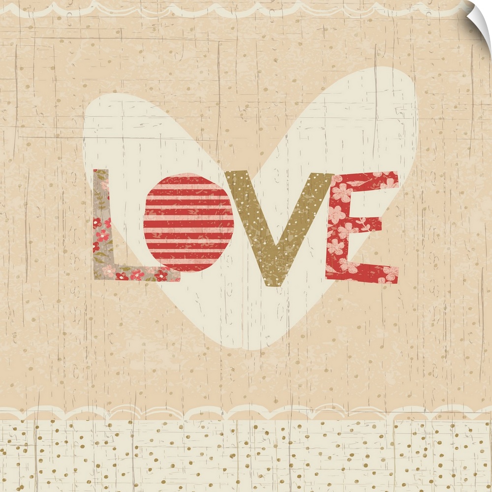 Collage style romantic artwork with a floral print border reading "Love."