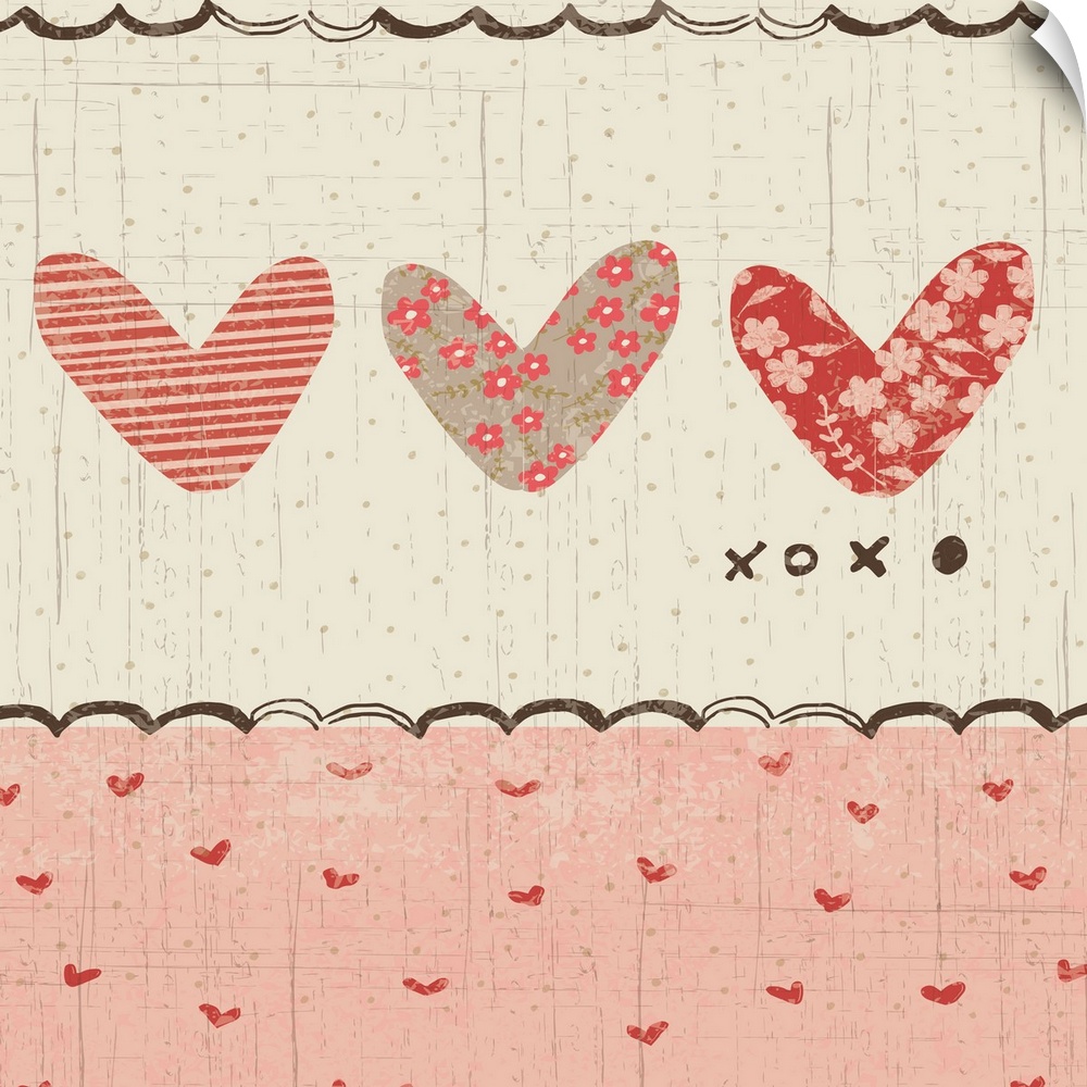 Collage style romantic artwork with a heart print border with three cut-out hearts.