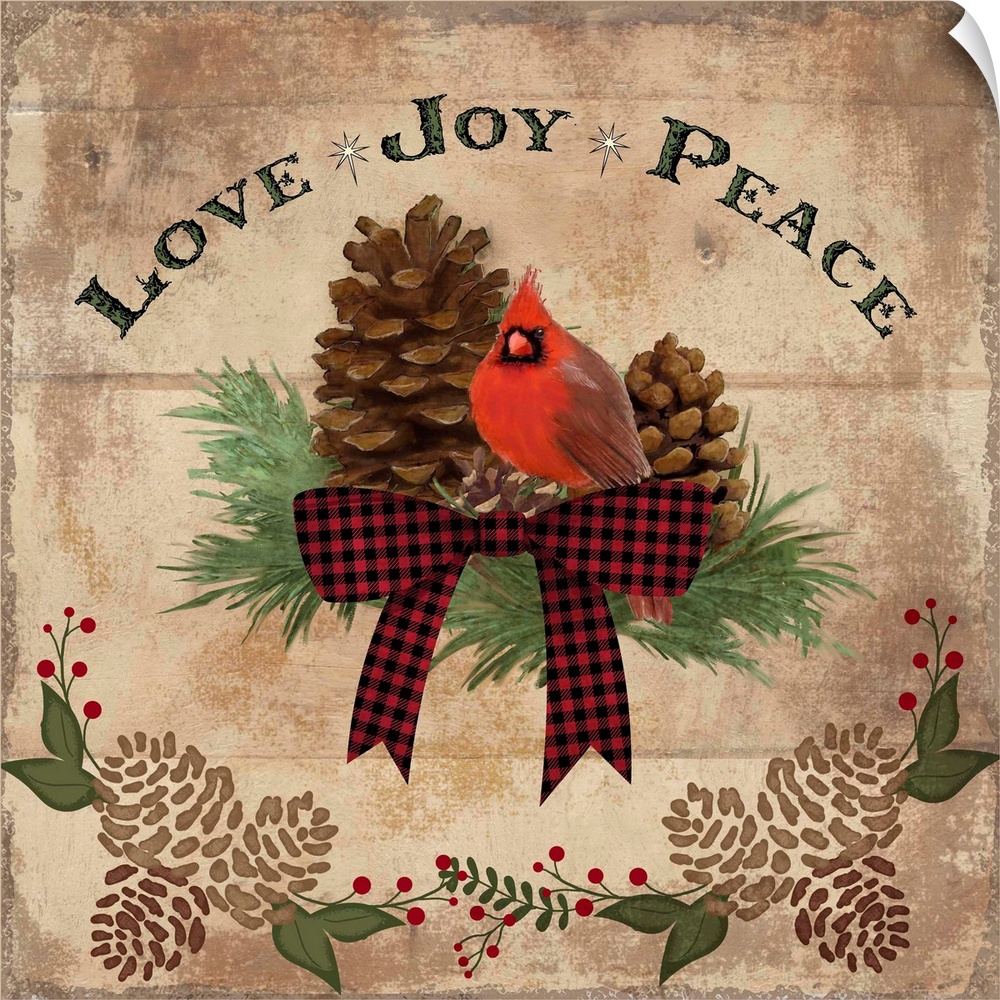 Christmas decor of a cardinal with pinecones and a festive bow.