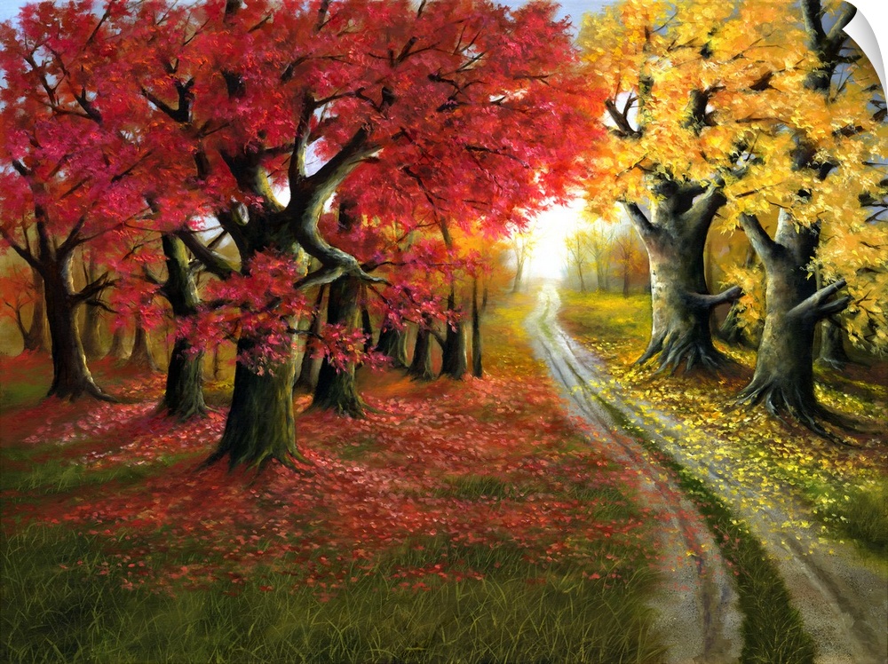 Contemporary artwork of an autumn foliage landscape.