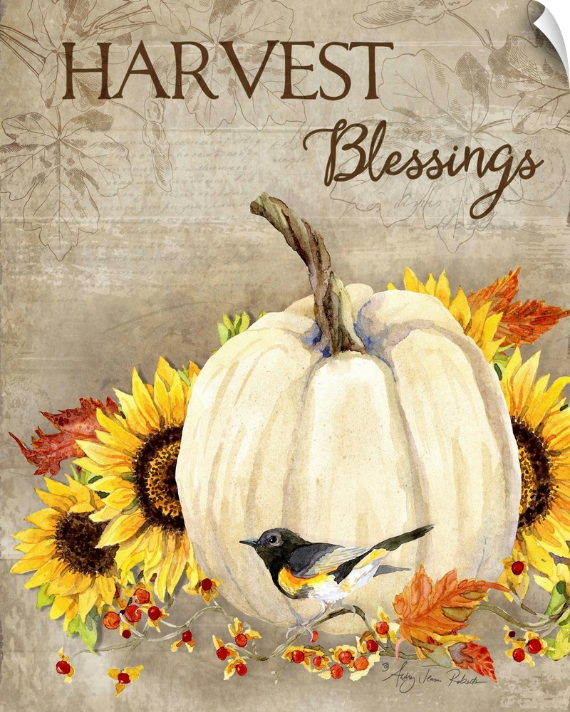 Thanksgiving decor of a white pumpkin and sunflowers with a small bird.