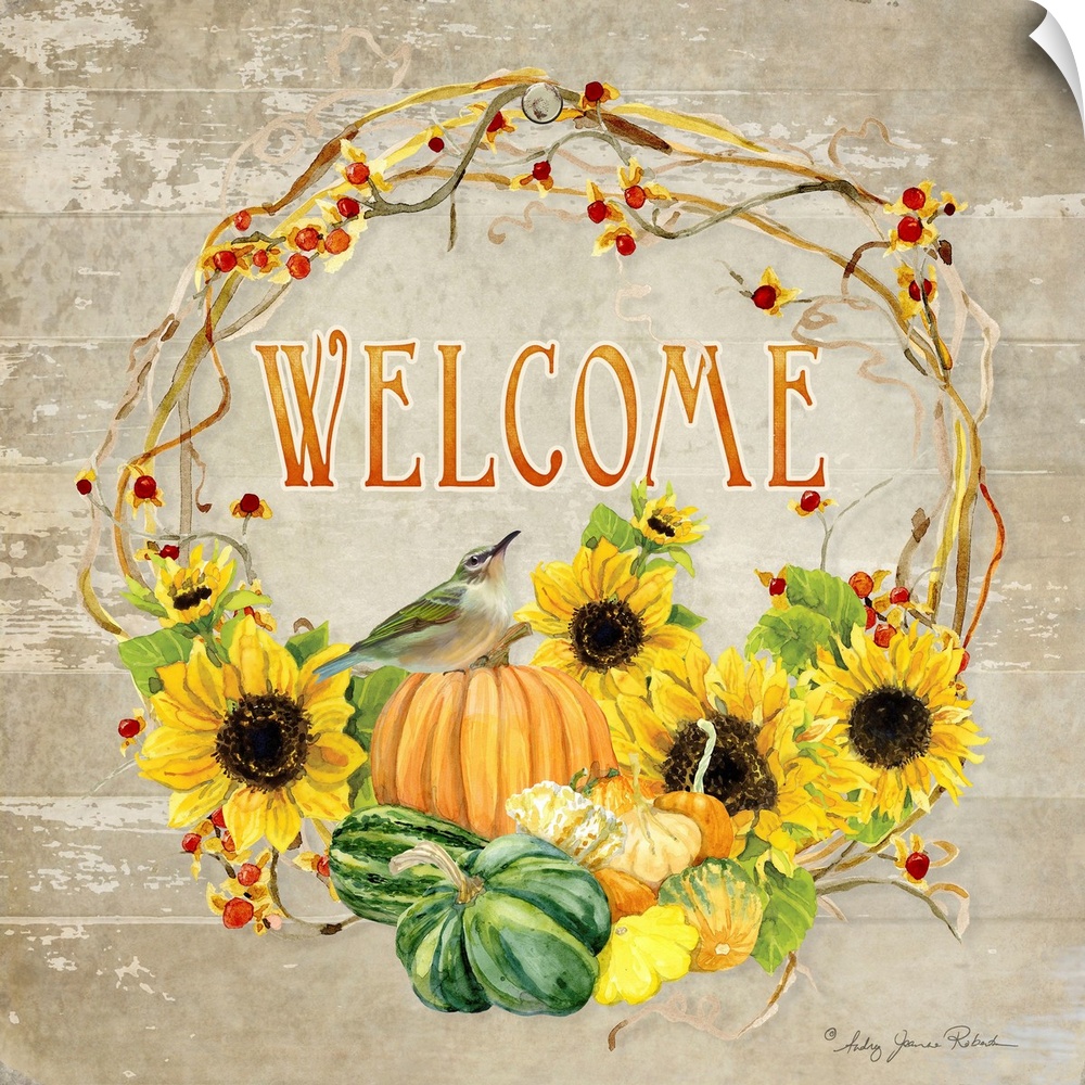 Thanksgiving themed decor of a wreath with sunflowers, squash, and pumpkins.