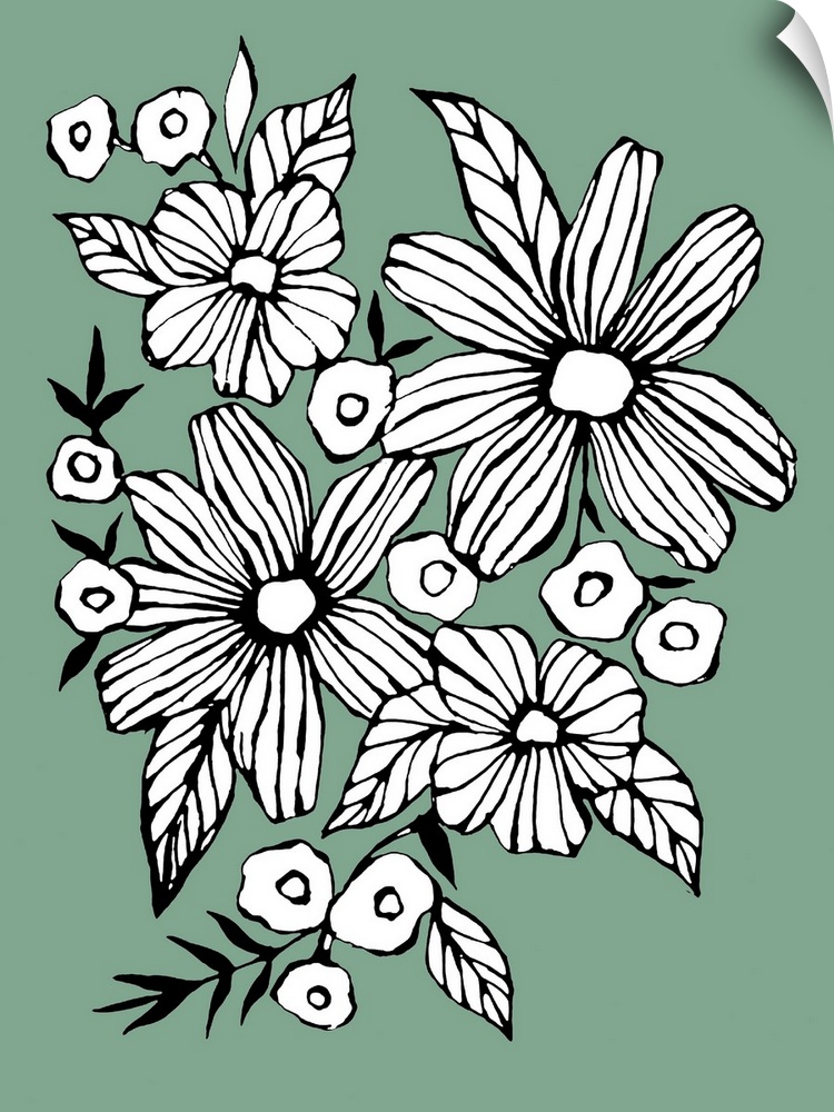 Contemporary artwork of white flowers in a bold black outline against a muted green background.