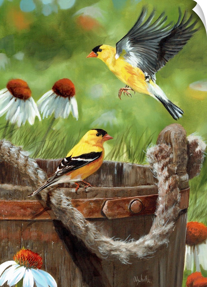 Two goldfinches near a wooden bucket with a rope handle.