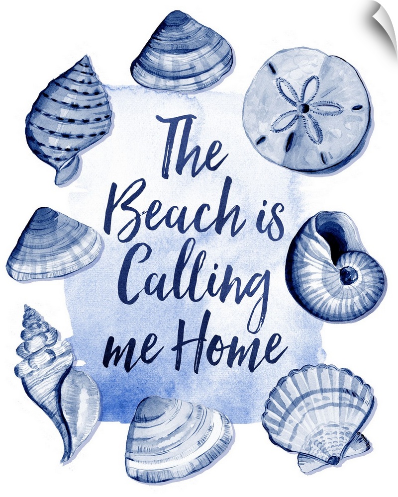 "The Beach Is Calling Me home"  surrounded by blue shells.