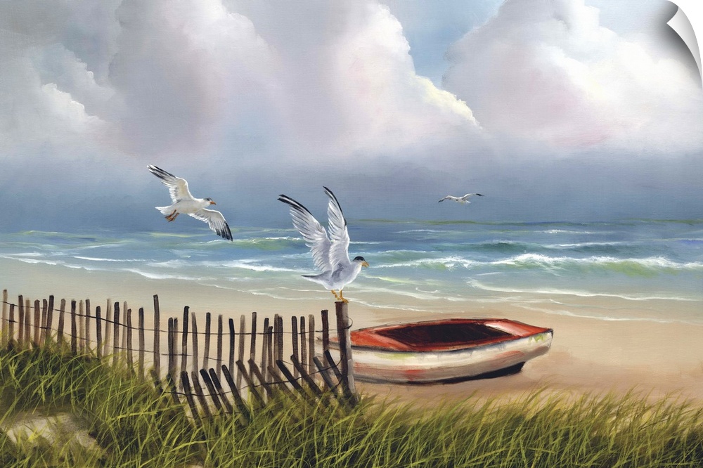 Painting of two seagulls flying near a small boat on the shore.
