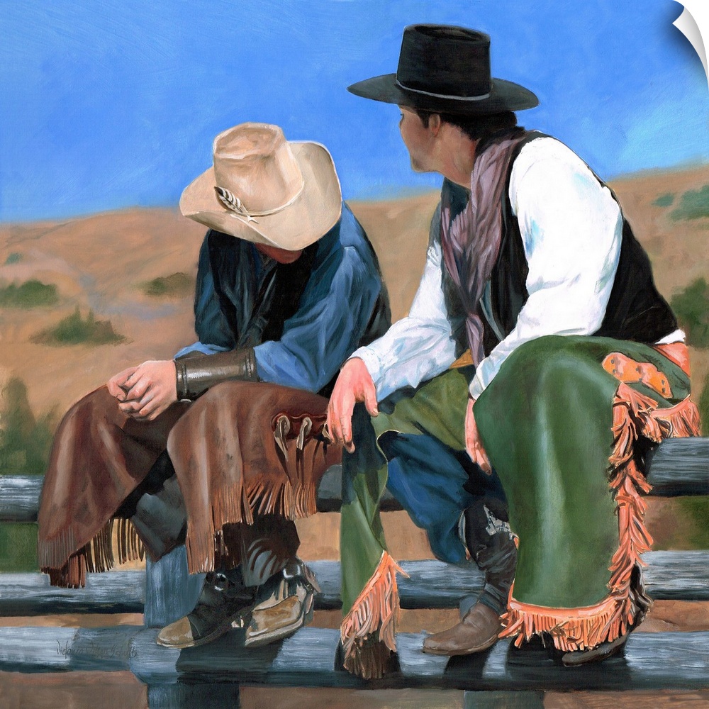 Painting of two cowboys wearing chaps and sitting on a wooden fence.