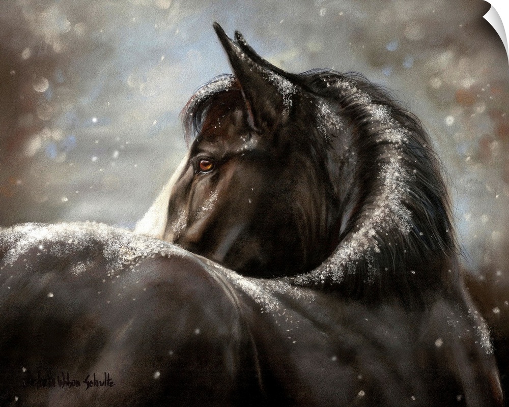 Painting of a dark colored horse with light snow falling on it's mane and back.