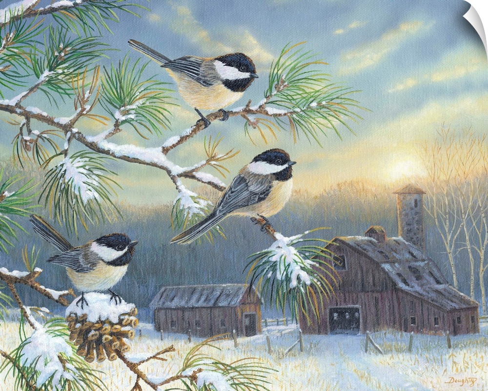 Contemporary artwork of three chickadees in a tree, overlooking a barn.