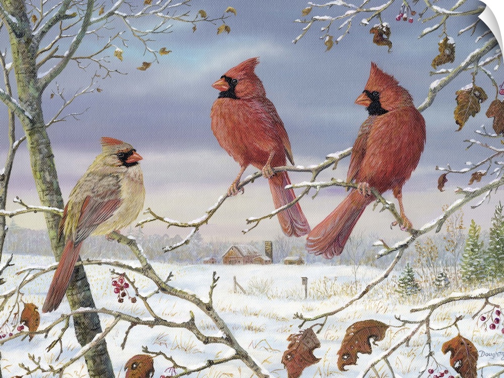 Contemporary artwork of three cardinals perched on thin branches in the winter.