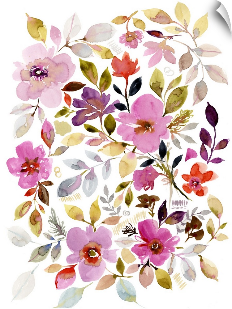 Contemporary watercolor paining of colorful flowers.