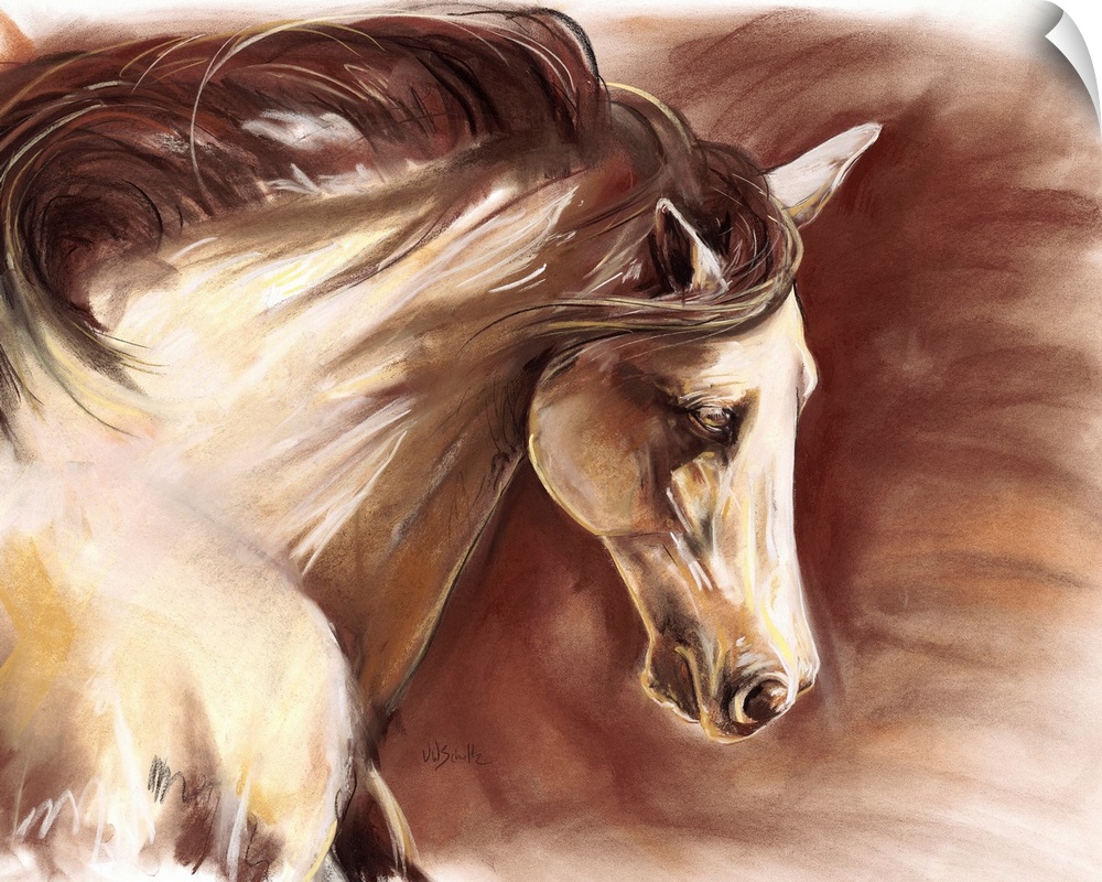 Up-close contemporary painting of horse with it's mane blowing in the wind.