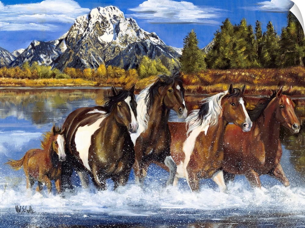 Contemporary artwork of a herd of horses as they gallop through shallow water. A snow capped mountain and forest are paint...