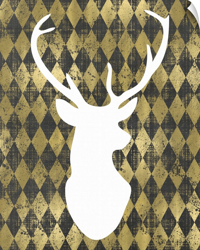 Outline of a male deer's head in white against a gold diamond background.