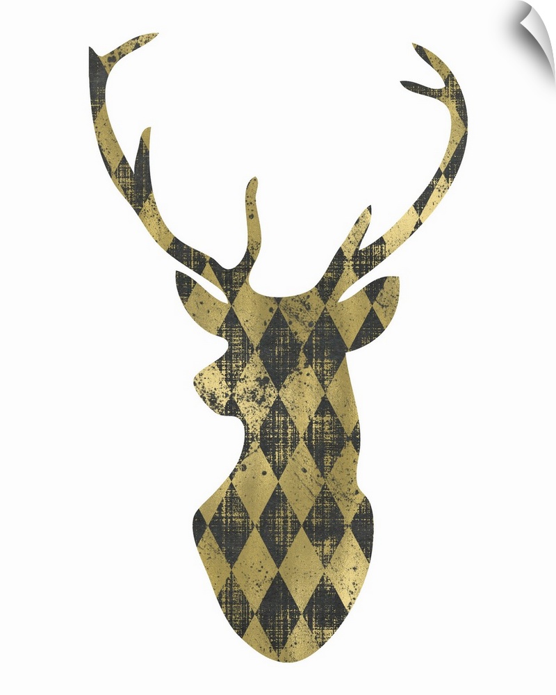 Outline of a male deer's head in a gold diamond pattern against a white background.