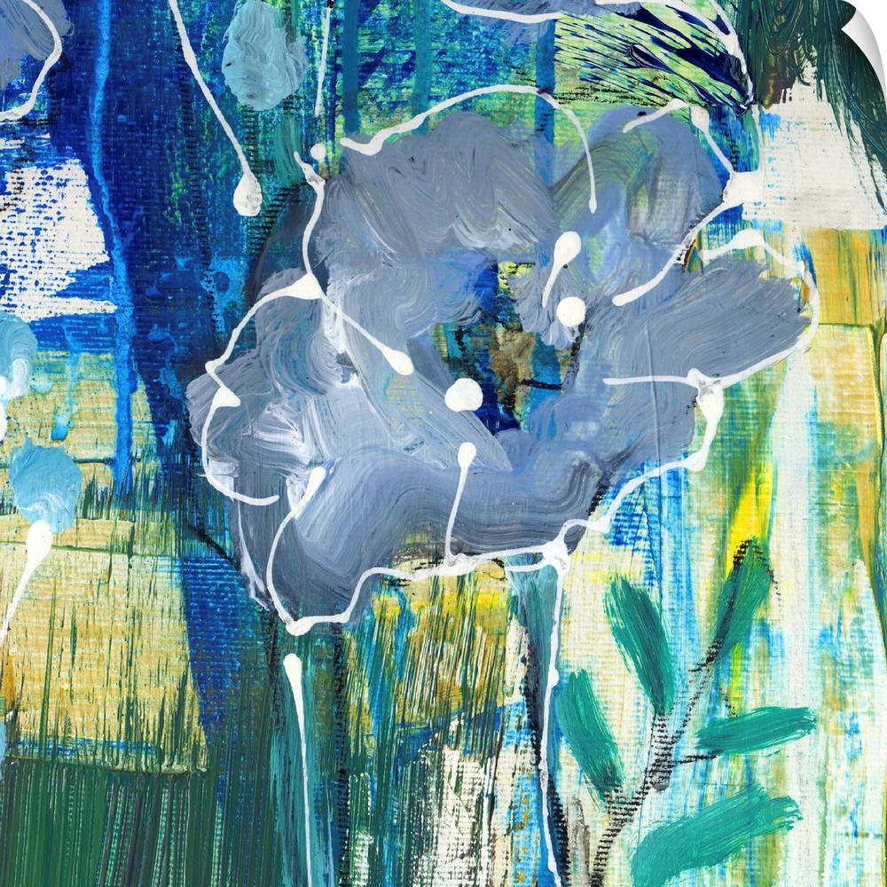 Contemporary vibrant colorful painting using green and blue tones with flowers and abstract elements.