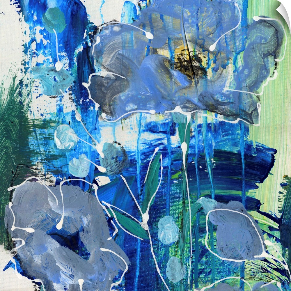 Contemporary vibrant colorful painting using green and blue tones with flowers and abstract elements.