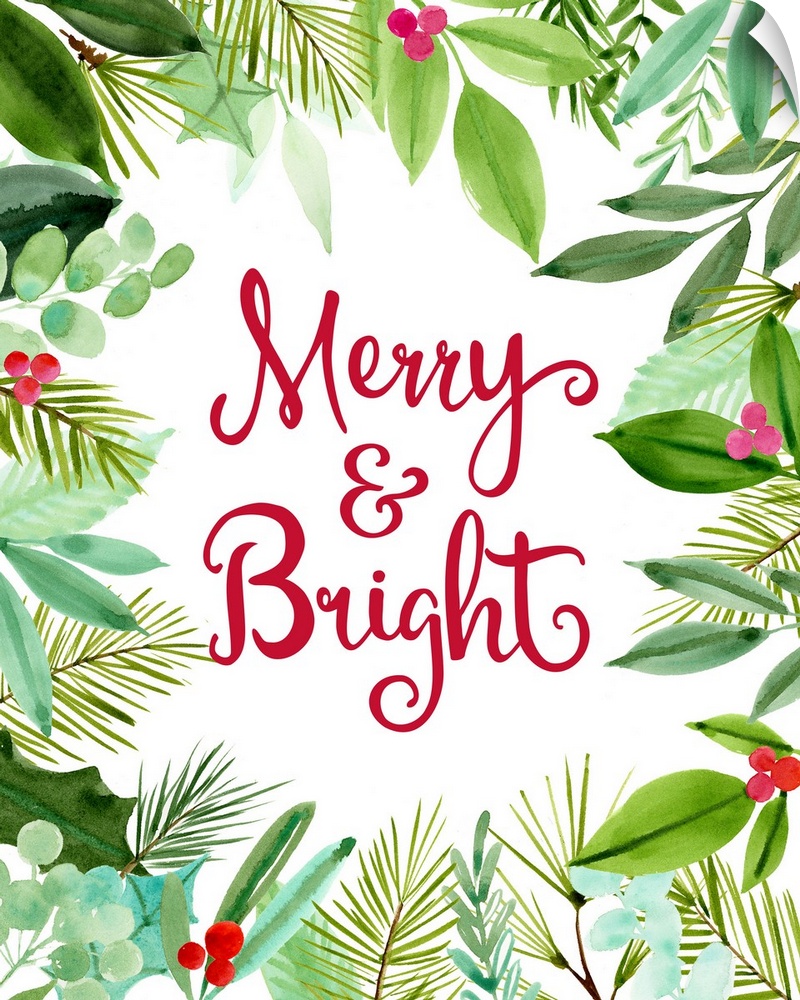 "Merry & Bright" in red surrounded by holly and leaves.