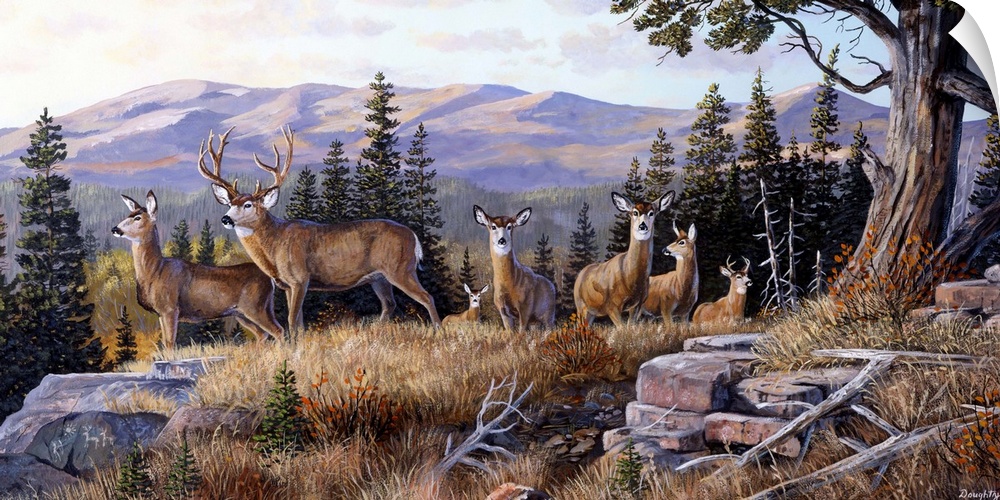 Oversized, horizontal art of a small herd of deer standing on a grassy ledge, a line of pine trees and mountains in the ba...