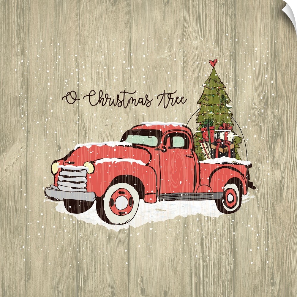 Christmas decor of a vintage red truck carrying a Christmas tree and presents.