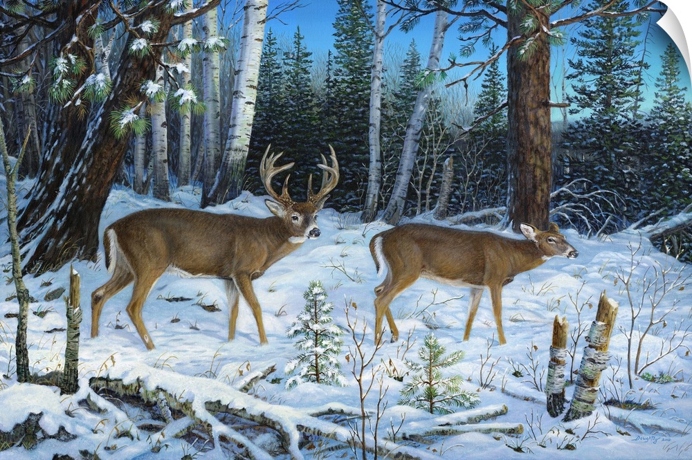 Contemporary artwork of a pair of deer walking quietly in a forest in the snow.