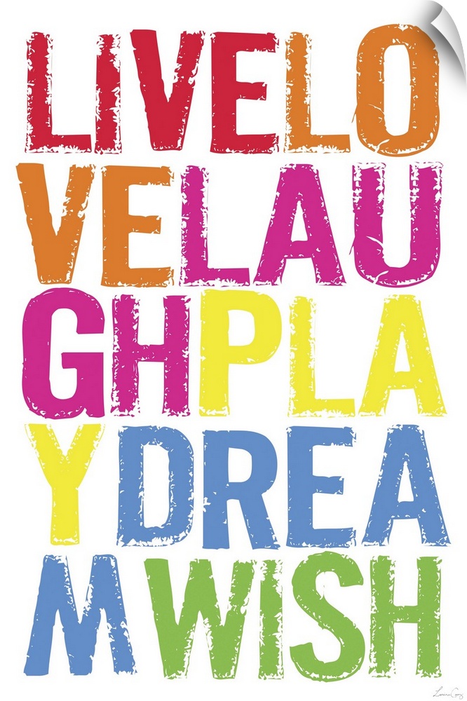 Wall art of brightly colored words on top of a blank canvas.