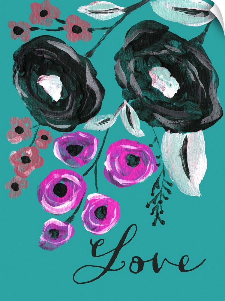 Contemporary painting of black and purple flowers against a dark teal background.