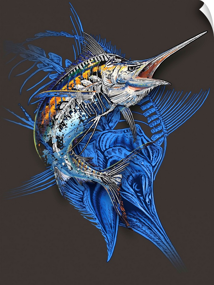 Illustration of a jumping marlin with a visible skeleton design.