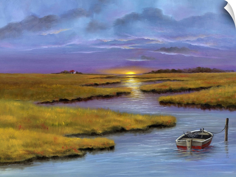 Contemporary artwork of a marsh landscape under a purple sunset sky.