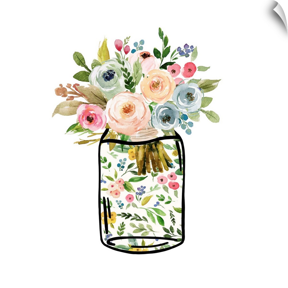 Bouquet of colorful flowers inside a mason jar.