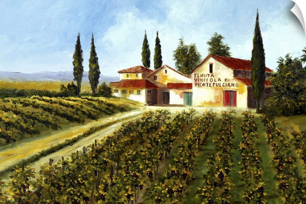 Big painting of grape fields and a large compund on a clear, sunny day.