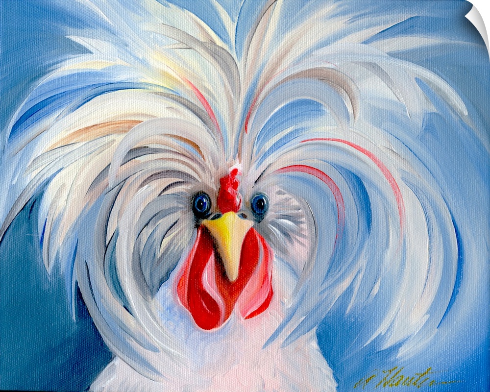 A humorous painting of a rooster with the feathers on top of his sprouting up and out so as to give him a crazy hair style.