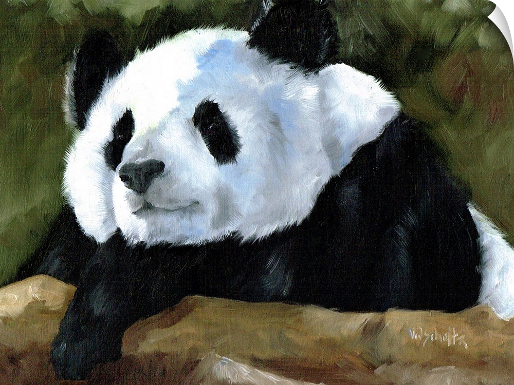 Painting of a panda bear relaxing on a log.