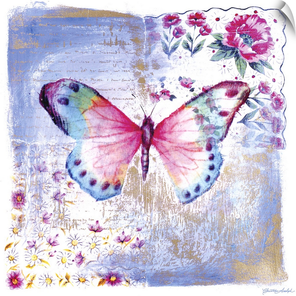 A watercolor painted butterfly takes up majority of this square piece with flowers delicately painted in two corners.