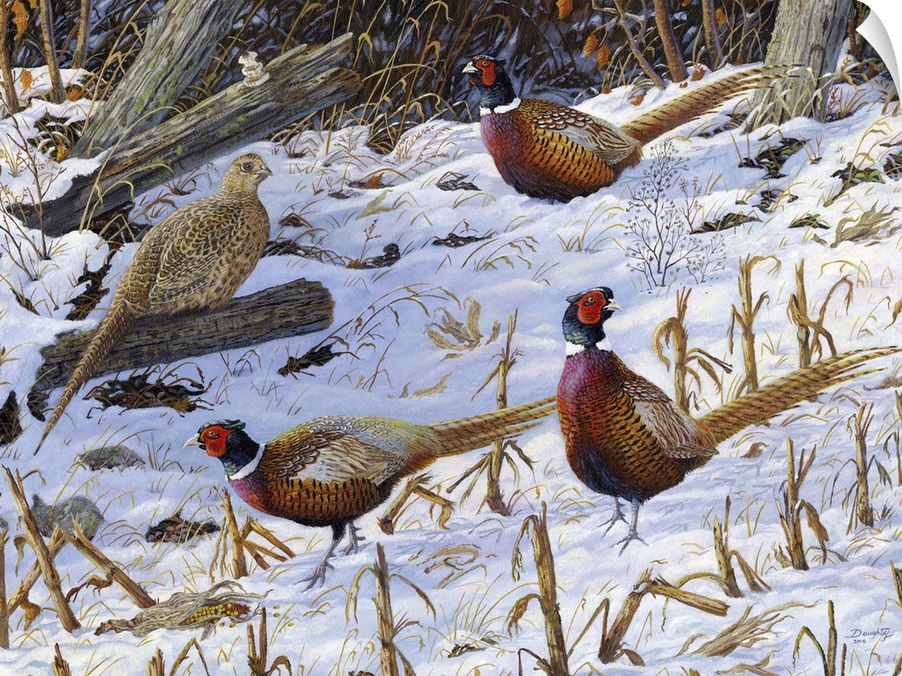 Contemporary artwork of a flock of pheasants foraging in the snow.