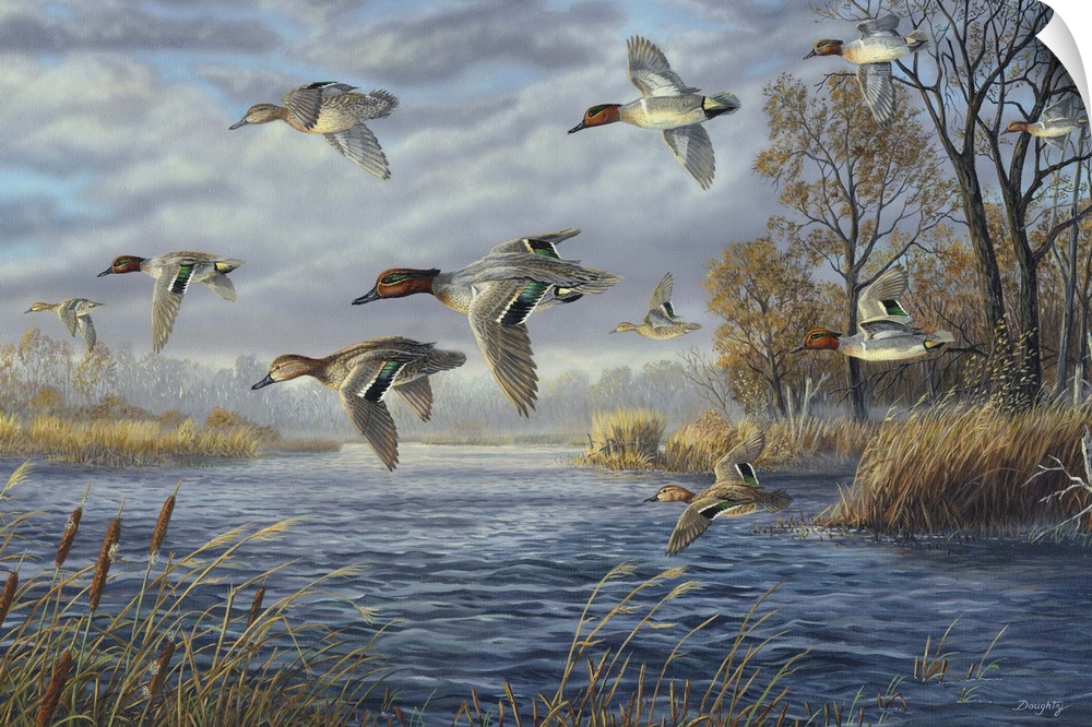 Contemporary artwork of a flock of green-winged teals in flight over a river.