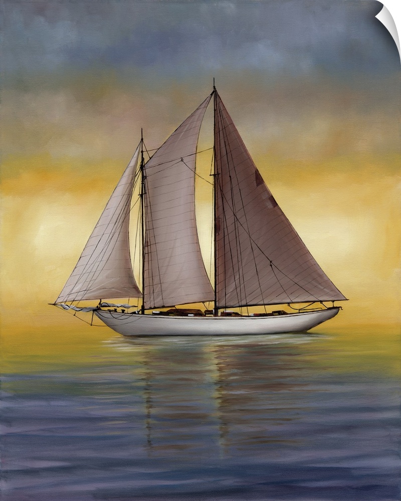 A large sailboat on calm waters at sunset.