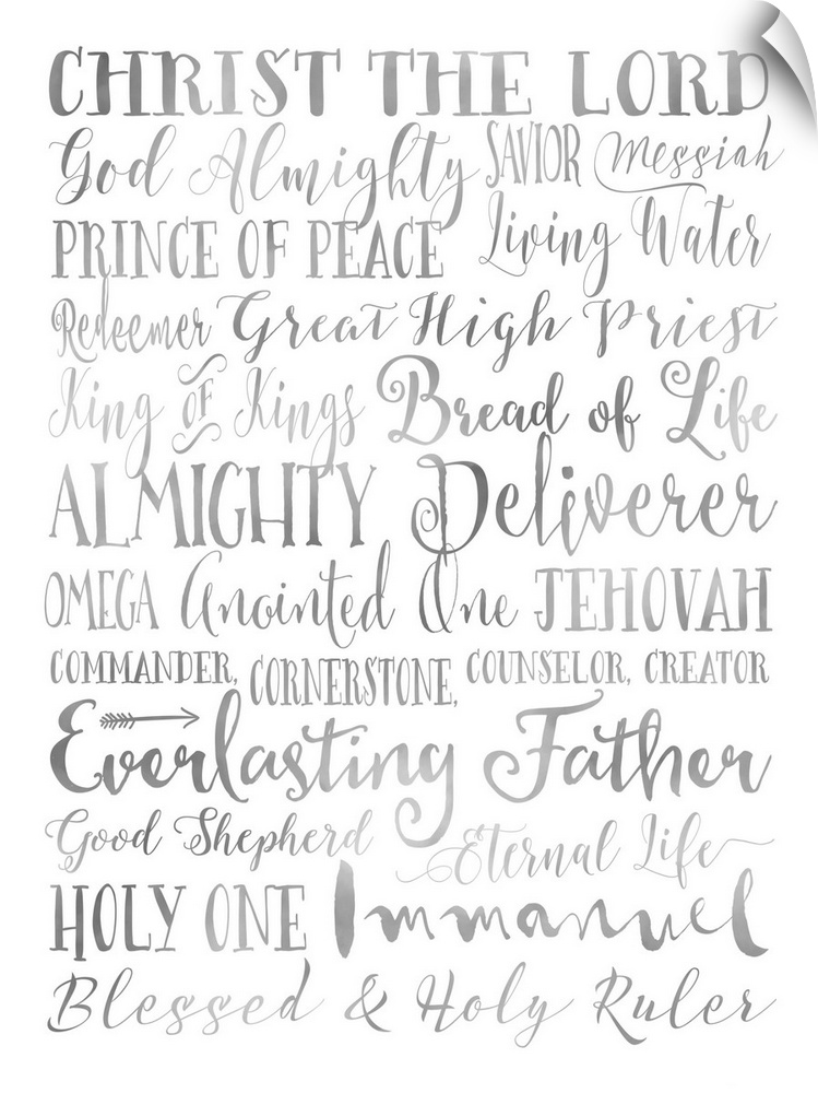 Names of God in gray lettering on white.