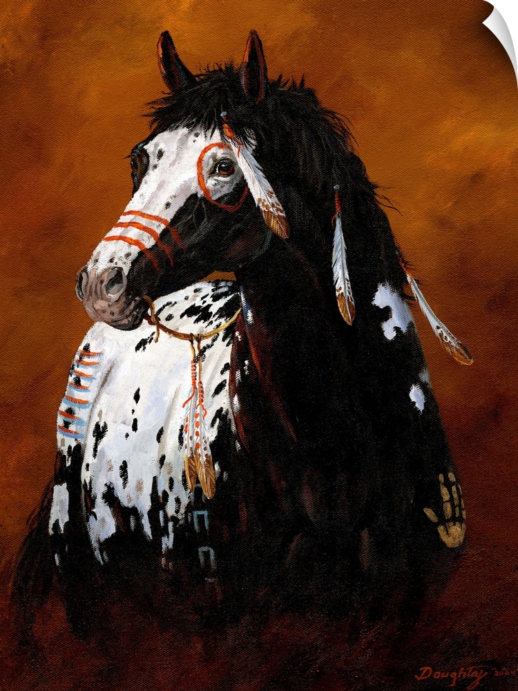Large painting of a horse decorated with Native American war paint, feathers and handprints.